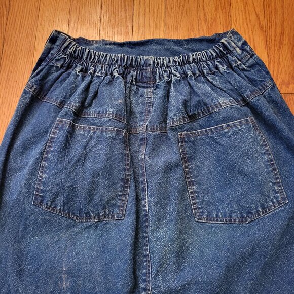 Pret M Vintage Blue Jean Denim Skirt Pockets Elastic Back Slit Embroidered Bling - Picture 3 of 7